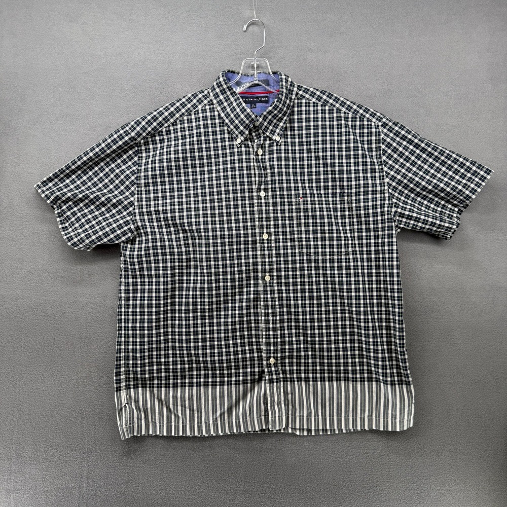 Tommy Hilfiger Mens Plaid Button Down Short Sleeve Shirt XL Contrast Hem